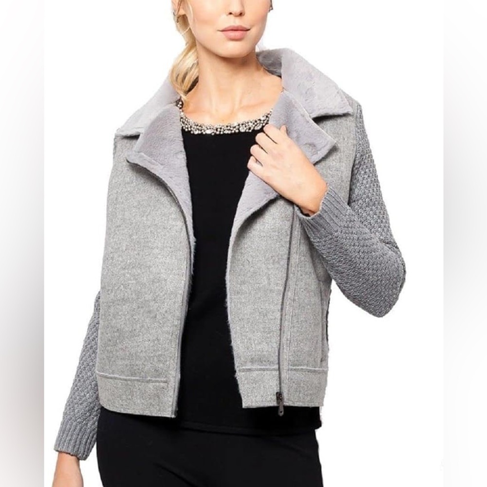 Love Token Margo Moto Cardigan w/Faux Fur Collar gray jacket women size medium